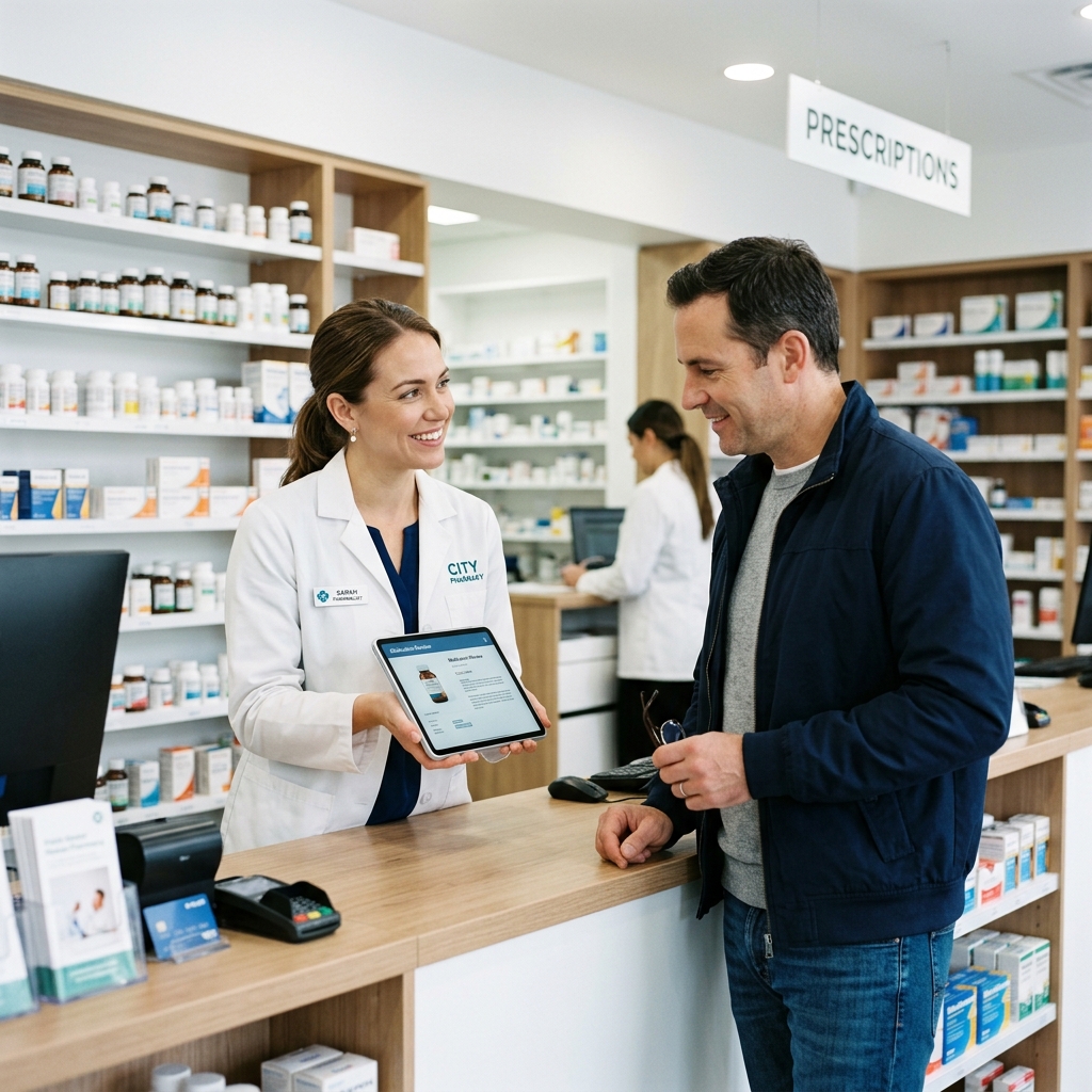 Friendly pharmacists helping client in a pharmacy